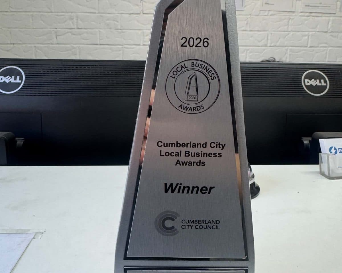 The Cumberland City Local Business Awards 2026 winner's trophy for Pink Slip Approach, on a desk