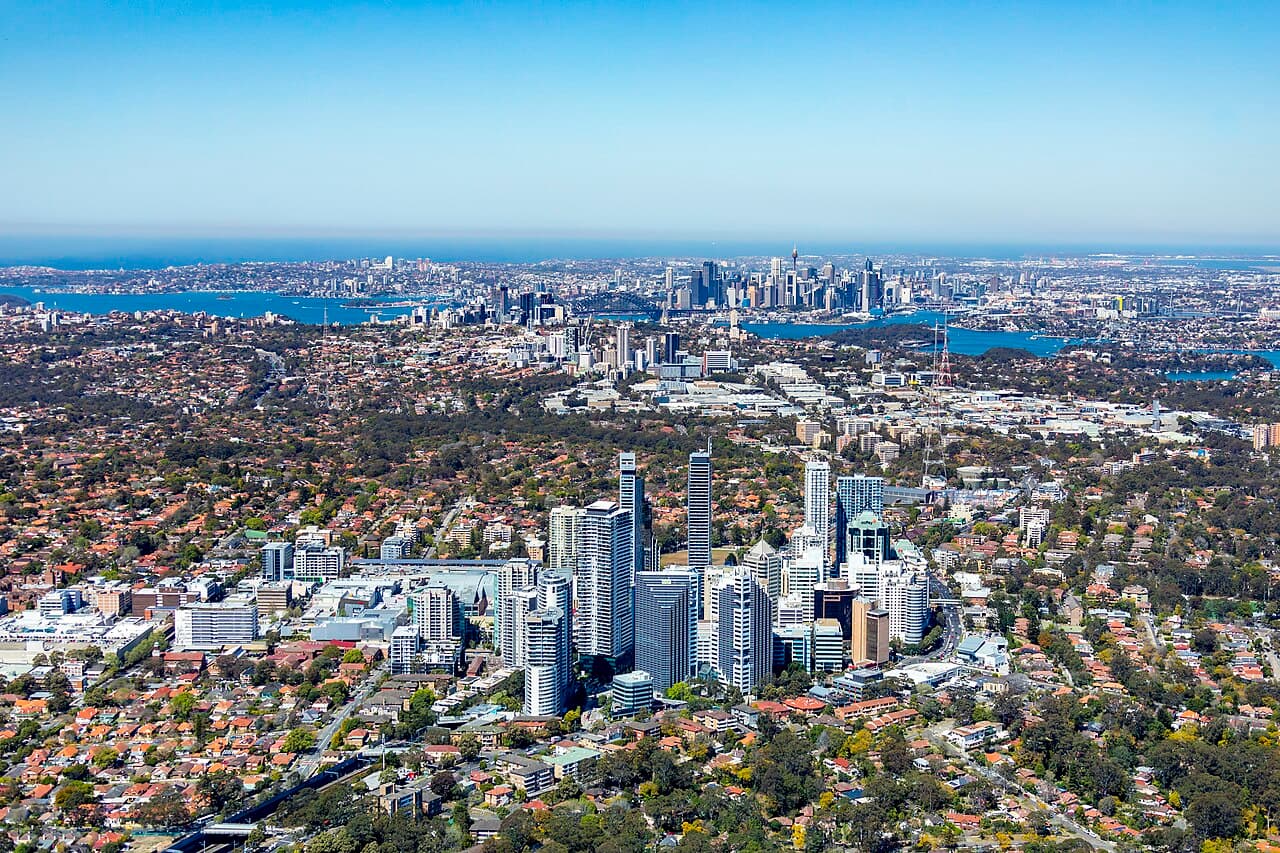 Aerial View Chatswood to Sydney CBD
