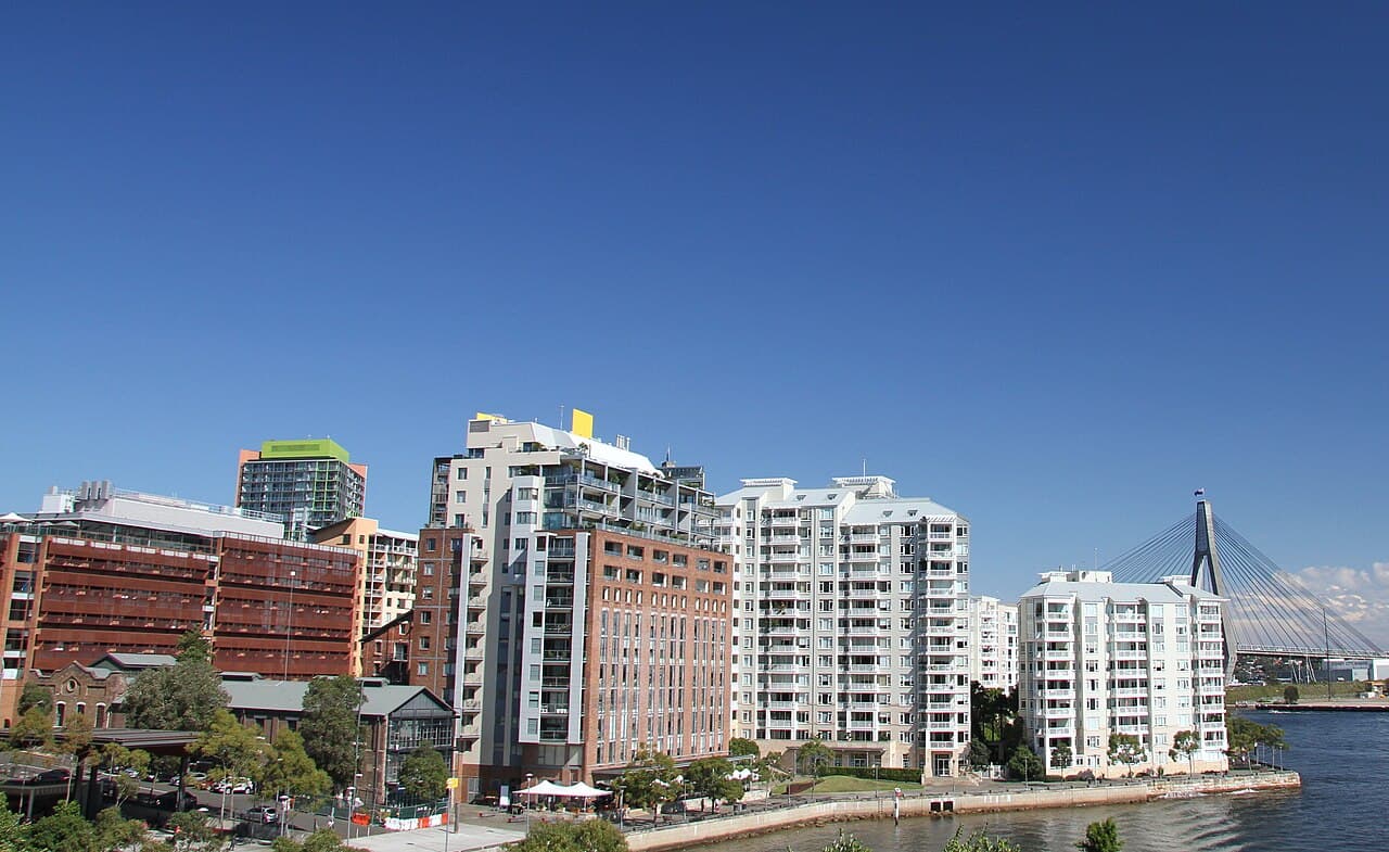Appartment buildings near Pirrama Park, Sydney looking towards ANZAC Bridge, Pyrmont